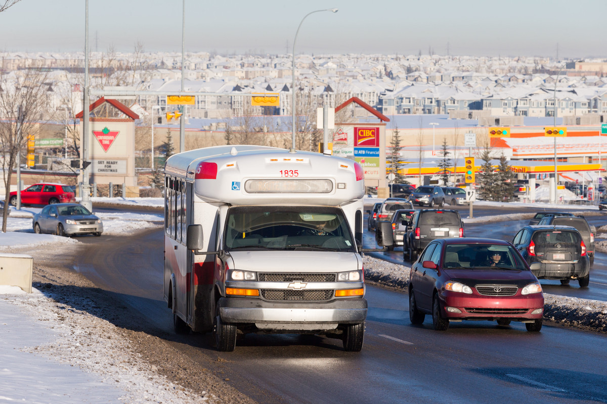 Calgary Transit shuttle driving through city streets